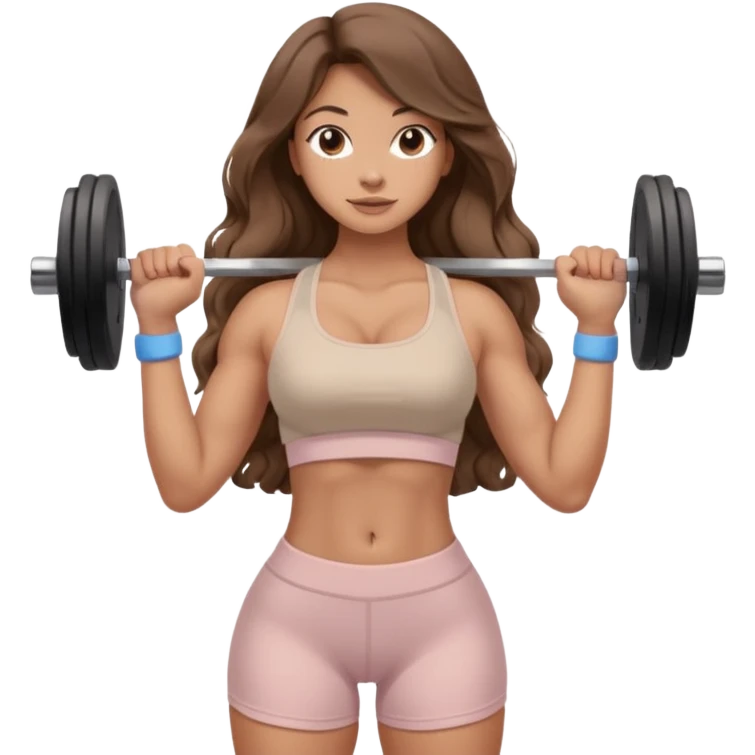 Create dream body girl with big glute and small waist and brown wavy long hair with pastel beige gym clothes with a weight in her hand  emoji
