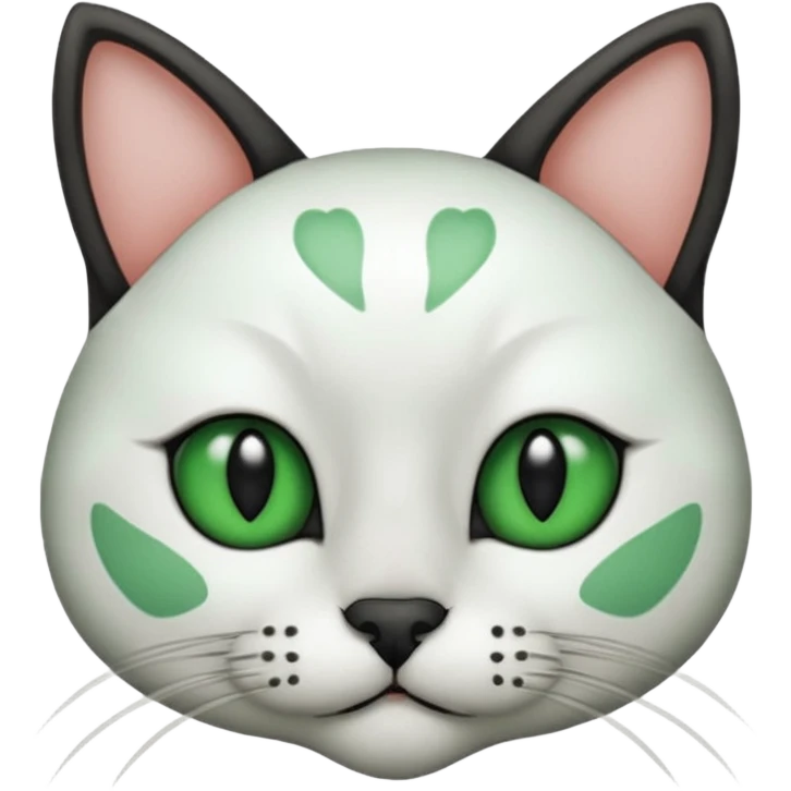Haz una gata de ojos verdes la cara blanca con mancha negra en las orejas que agarra parte de la frente del lado der pero del iz va desde el ojo hasta la oreja la mancha, tiene la nariz negra en forma de corazón y todo lo que sobra de la cara, barbilla la nariz arriba y el lado de bigotes es blanca emoji