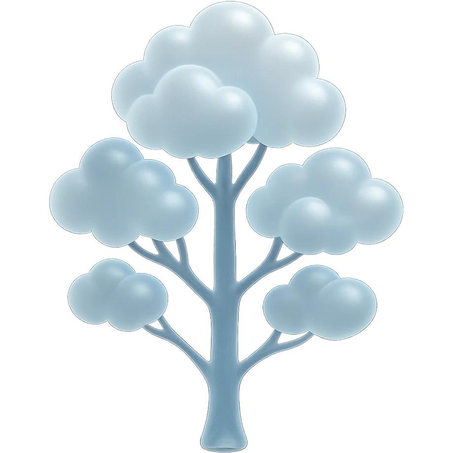 one tree with many branches and a white trunk, crown made of small very bright white fluffy convex clouds, matte glass style emoji