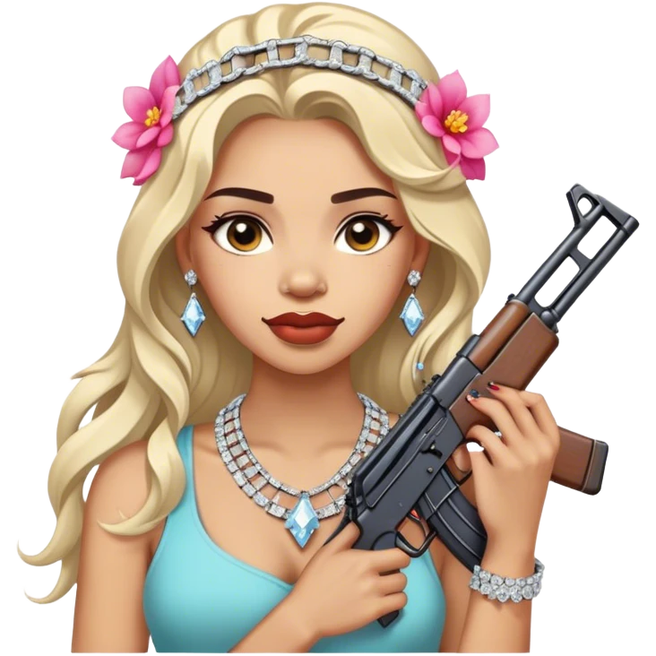 A beautiful woman with flowers in her hair, holding an AK-47 and has diamond grills in her teeth and big diamond chain on her neck that says icy and B diamond emoji