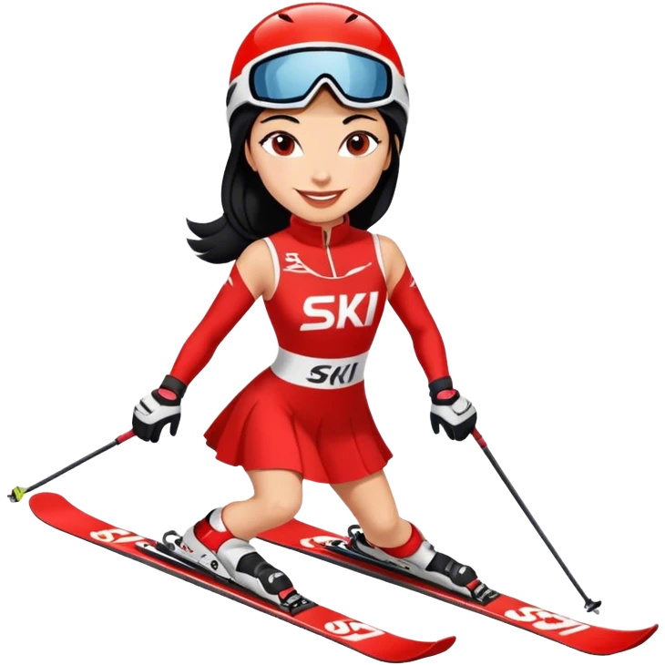Ski racer woman red white dress written STEPHANIE on the dress black hair smile emoji