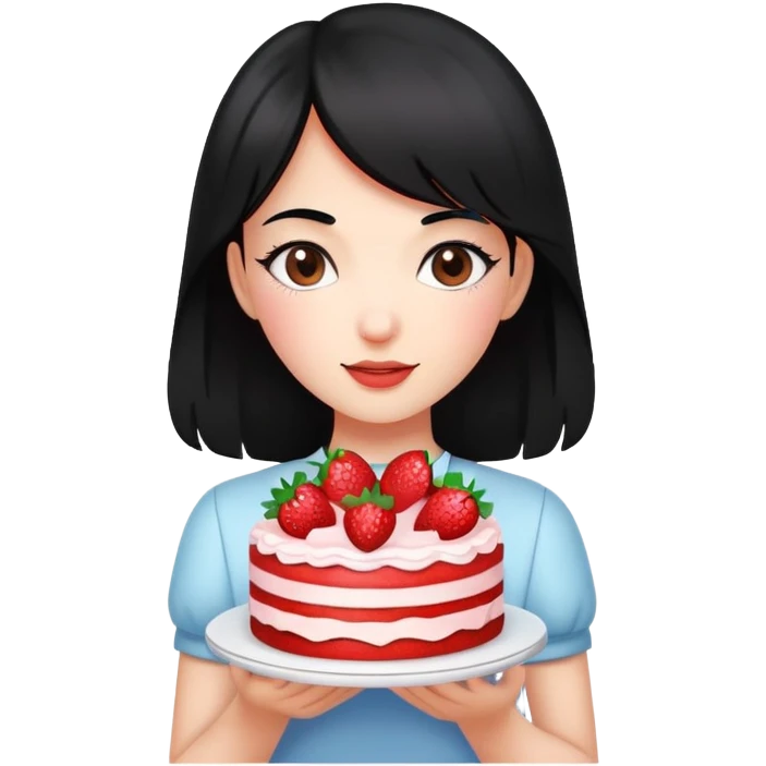 Beautiful black-haired girl holding a strawberry cake emoji