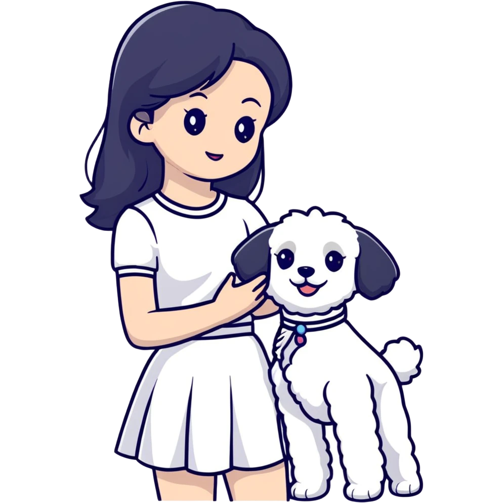 A beautiful girl with long straight black hair wearing a white skirt holding a small white Bichon Frise emoji