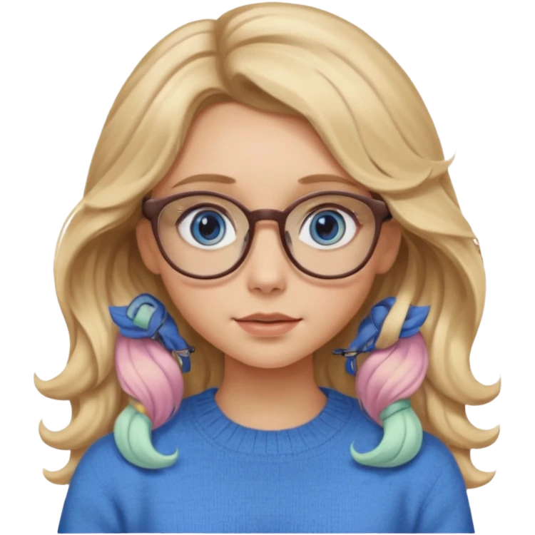 blonde girl with long dark blonde wavy hair, blue big eyes, pantos-style glasses, a brown sweater, sitting and looking in laptop, soft pastel, upper body shot emoji