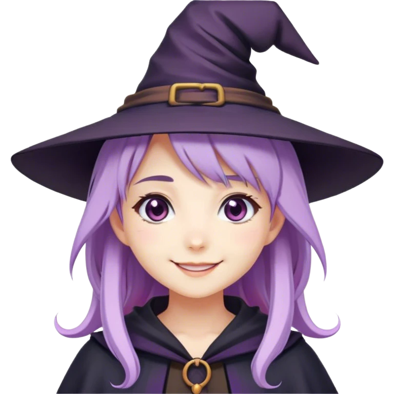 cute anime girl with lilac hair wearing a witch hat smiling emoji