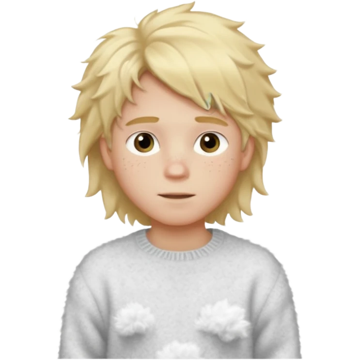 create-a-look-for-a-blond-boy-with-long-tousled-hair-light-eyes-a-white-sweat + fluffy white sweater + styled hair blonde with hair to the side cute + cute face with freckles  medium hair fluffy to the side no long hair cute hair emoji