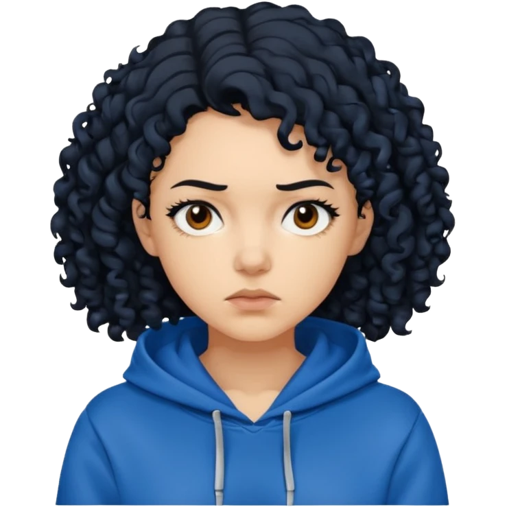 A woman with curly black hair, wearing a blue-black hoodie, and a slightly serious expression on her face. emoji