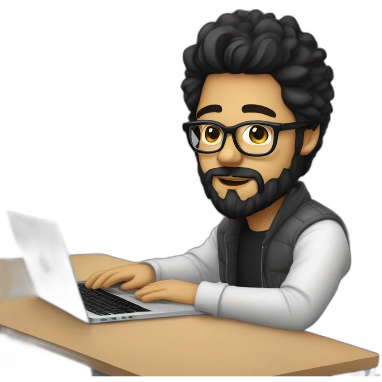 Designer with black hair, beard and glasses working with MacBook and drinking cappuccino  emoji