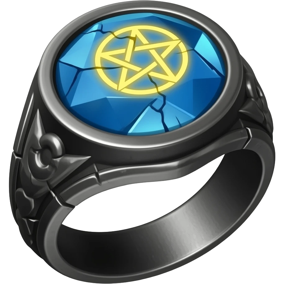 A black ring with with a large gem that's blue with a crack in it that glows yellow that has a pentacle carved into the gem emoji