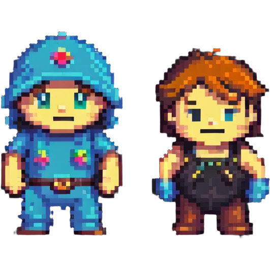 Mac and Chesser as pixel art characters, retro video game vibe emoji