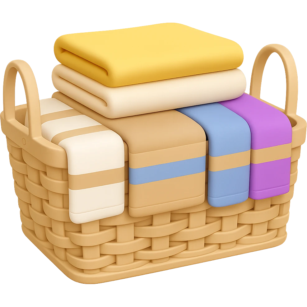 Make the wicker basket a little lighter in color, keep socks draped over towels and folded towels on top, in the style of emoji. Remove the background. emoji