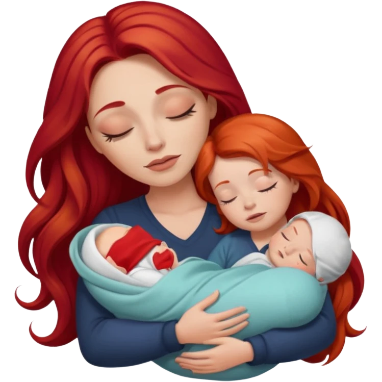 White woman with long red hair and makeup holding a sleeping baby emoji