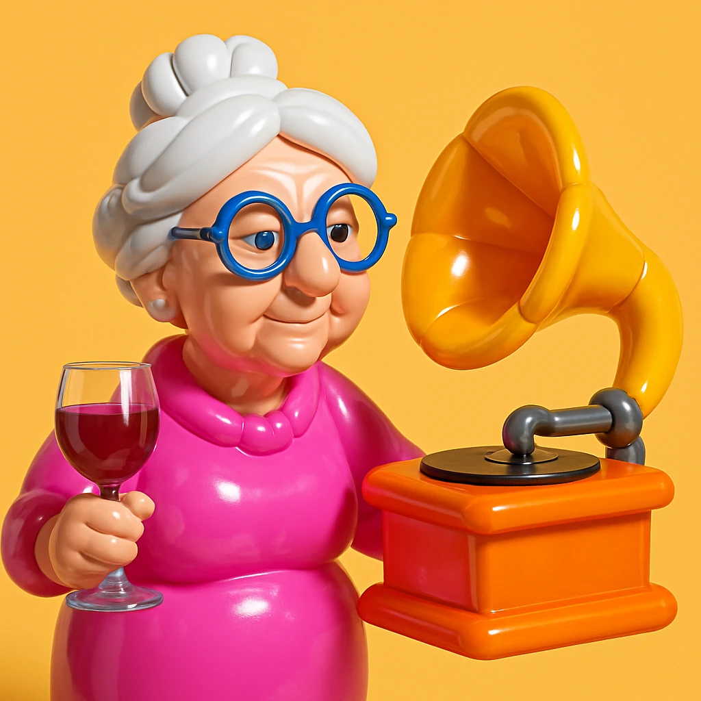 old lady with wineglass listening to gramophone emoji