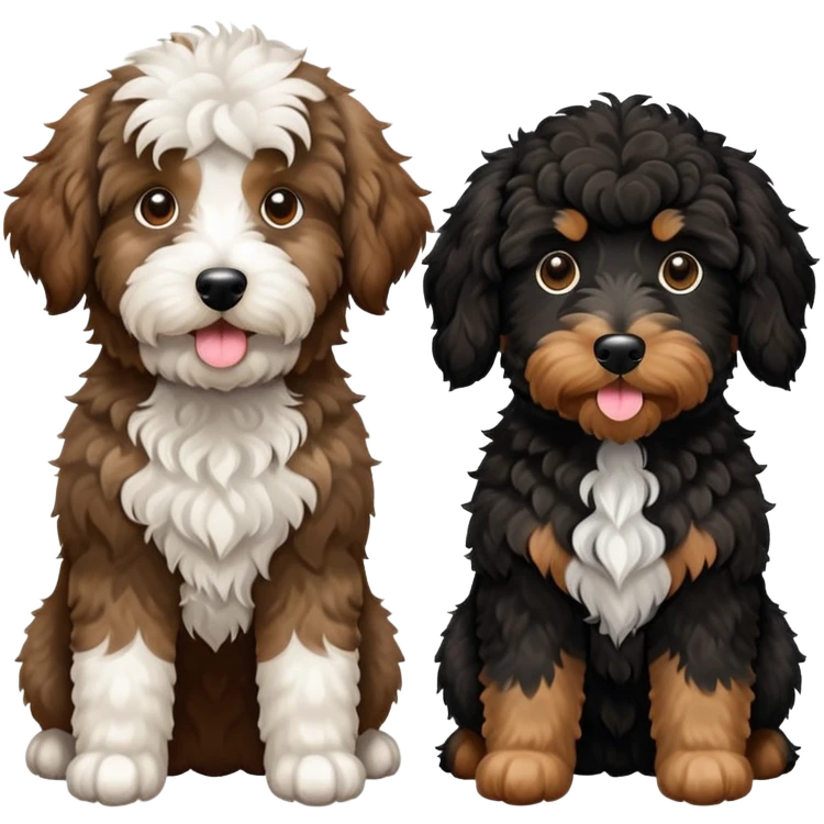 2 dogs: one light brown Aussiedoodle, one all-black Bernedoodle with white eyebrows. Both same size. emoji