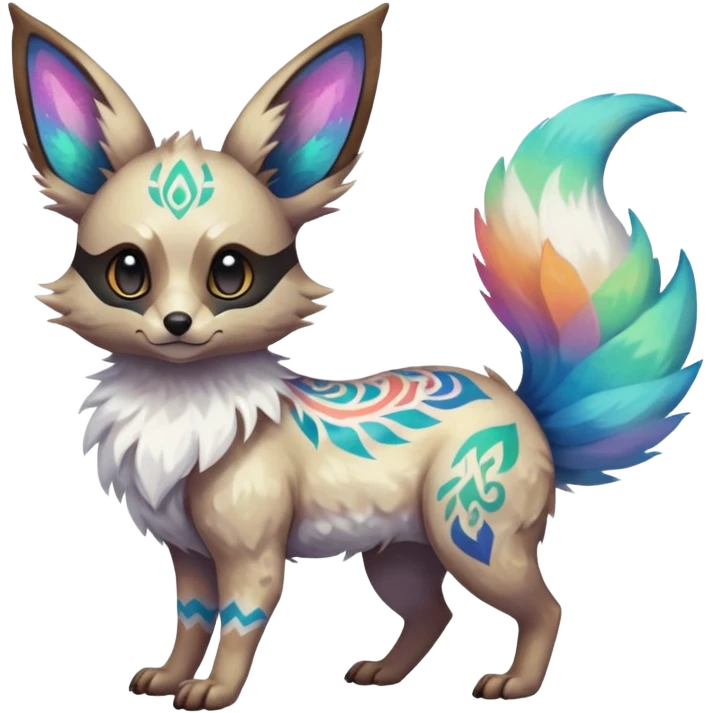 Rare iridescent white exotic epic aesthetic colorful Trico-Eevee-Genet-species-Fakemon-hybrid-creature, with intricate tattoo markings, full body emoji