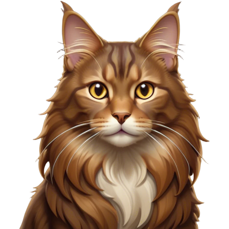 Cinematic Brown Maine Coon Cat Portrait Emoji, Elegant and alert, sleek brown and gold tones with hints of deep auburn, Simplified yet sharp features, highly detailed, glowing with a warm, confident glow, high shine, intelligent and poised with an air of wisdom, stylized with an air of grace, focused and attentive with a calm, old soul expression, soft glowing outline, capturing the essence of experience and majesty, so lifelike it feels as though it could spring into motion at any moment, radiating wisdom and grace. emoji