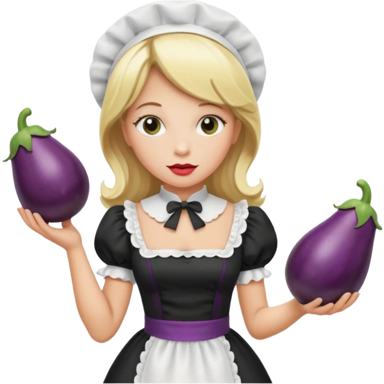 A women with blond hair in a black and white maid dress with her lips around a eggplant emoji