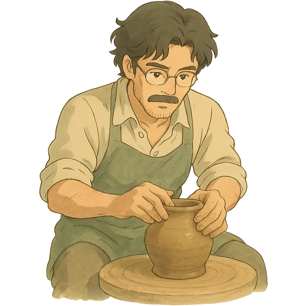 ghibli style man doing pottery, soft colors, detailed emoji