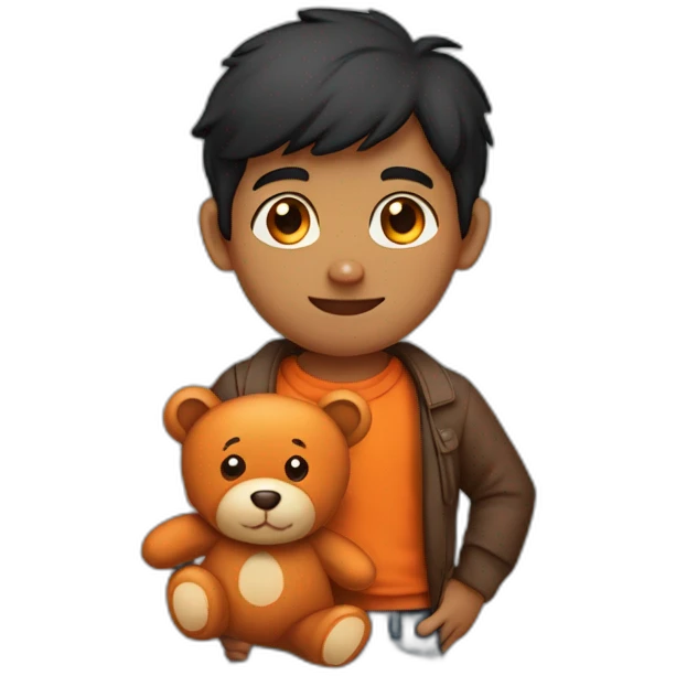 indian kid with black hair wearing a collared brown sweater polo holding a orange teddy bear emoji