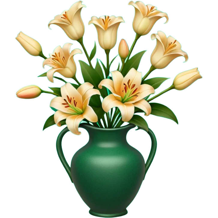 Lily and Rose bouquet in a dark green pottery vase with designs emoji