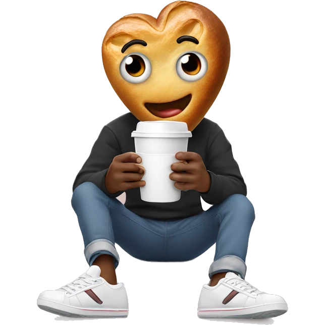 an image of a heart with eyes, hands and feet in sneakers. He holds a croissant in one hand and a cup of coffee in the other emoji