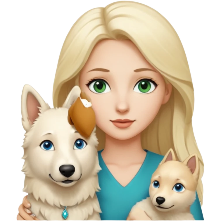 A white blonde Hair Woman with blue Green eyes with a White Shepard with a little bit beige in the fur in a lovely pose  emoji