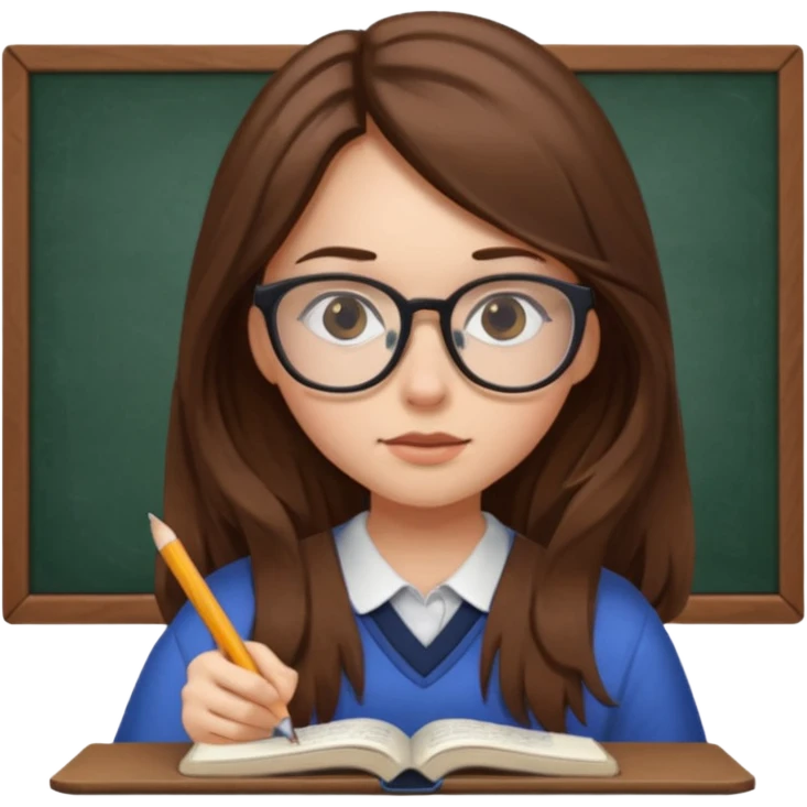 girl long brown hair, wear glases, study emoji