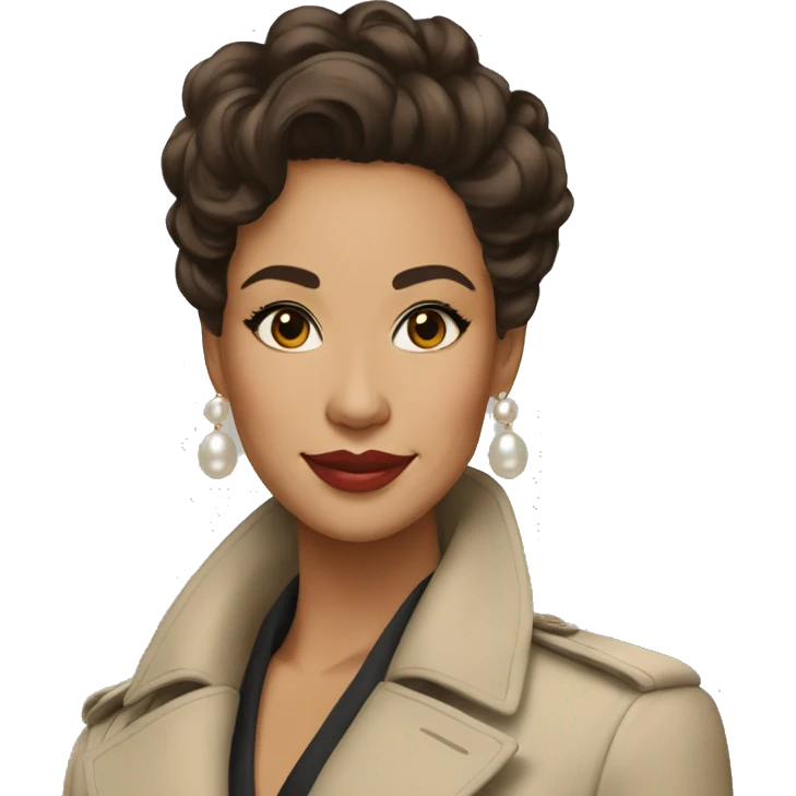 26	Mixed race	Regal features, warm brown eyes, enigmatic smile	Elegant updo, pearl earrings, classic trench coat emoji