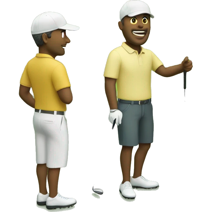 Two white men on golf course green near water emoji