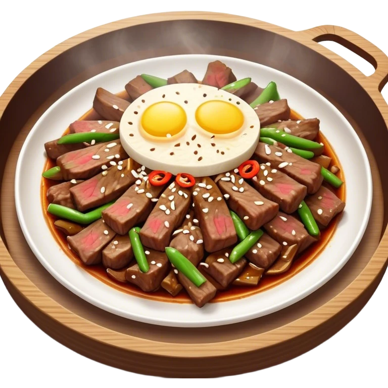 Bulgogi Cinematic Realistic Bulgogi Dish Emoji, depicted as thinly sliced, marinated beef stir-fried to perfection, rendered with dynamic textures and vibrant, appetizing lighting. emoji