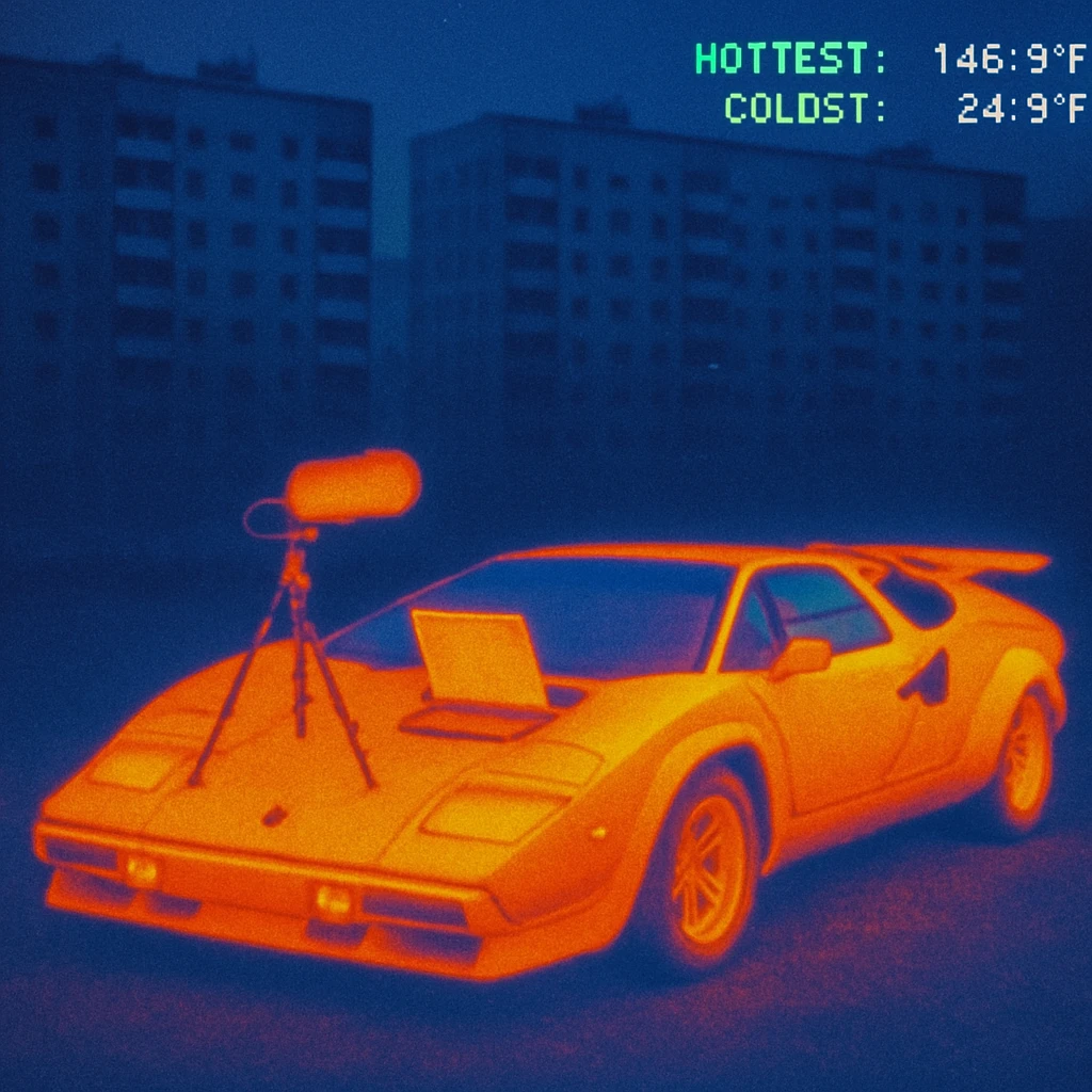 Lamborghini Countach with everything needed for sound recording and a laptop on the hood with a background of Russian panelki emoji