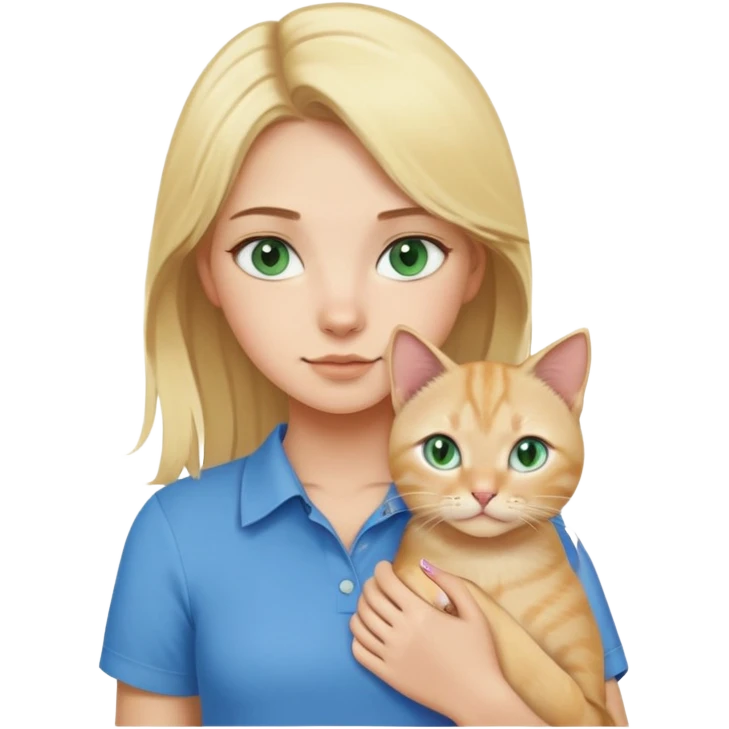 A girl in blue shirt with blonde hair holds a blonde cat in green eyes emoji