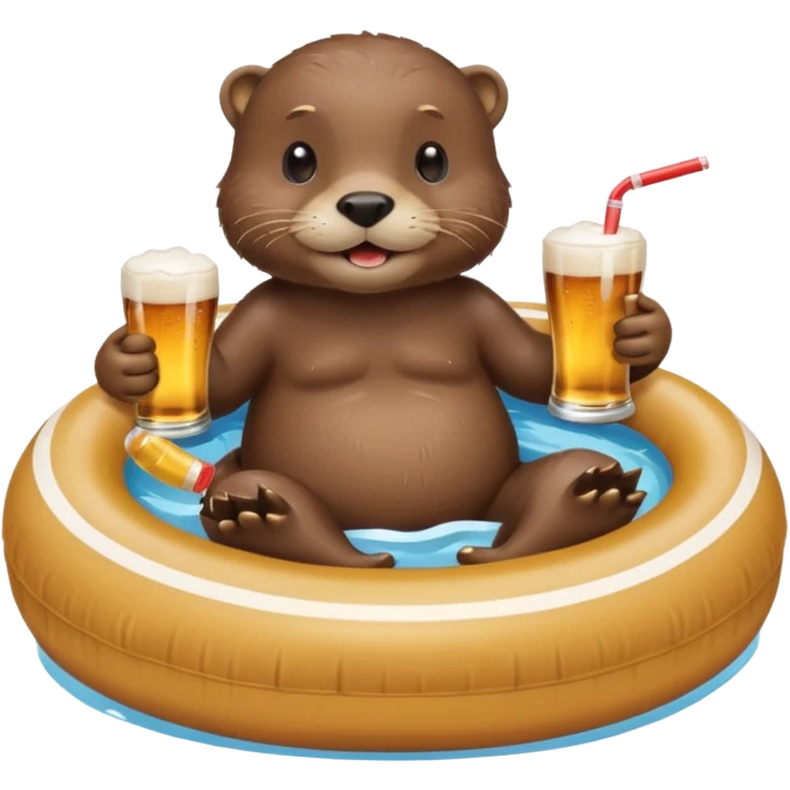 an otter sitting in an inflatable pool filled up with beer who is sipping directly from the pool made of beer with a little straw emoji