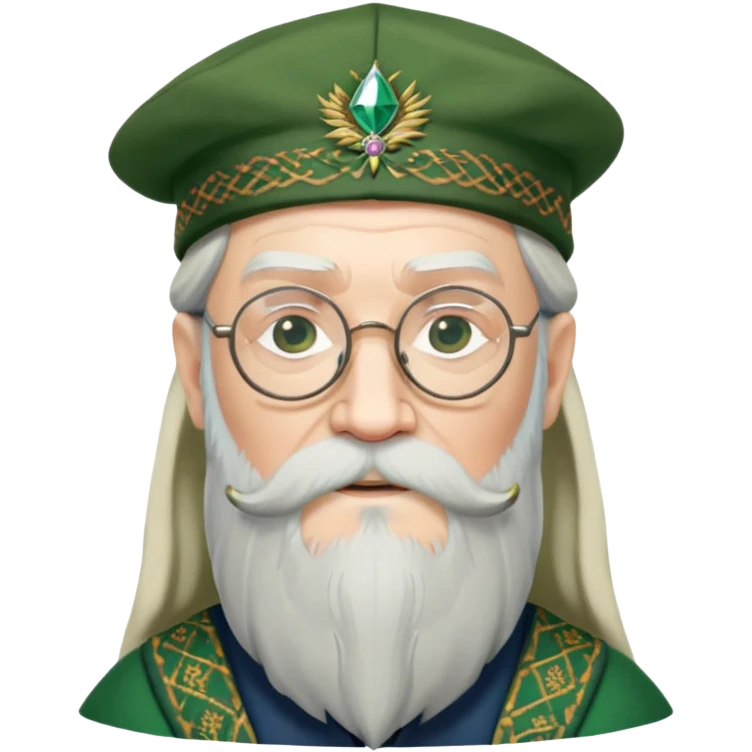 Dumbledore wear green scotland Tam o'shanter cap with decorative patterns, wear glasses, very long beard emoji