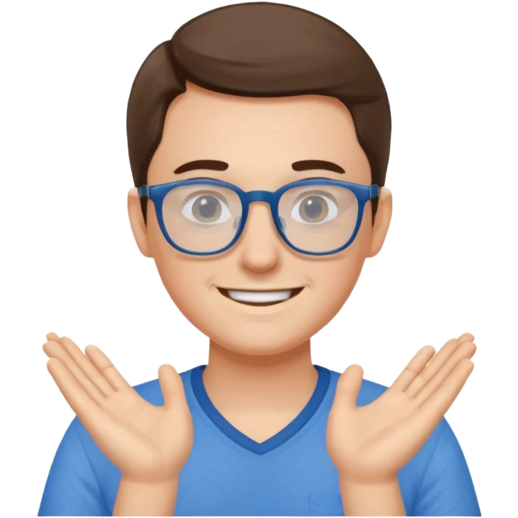 gender neutral person, chest up, blue shirt, glasses, friendly expression emoji