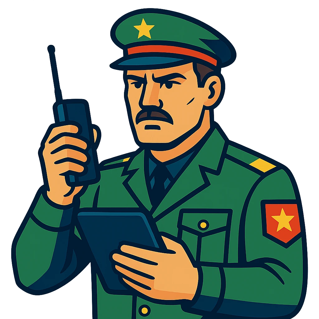 charismatic leader in military uniform, holding a radio and tablet, serious expression, arm patch visible emoji