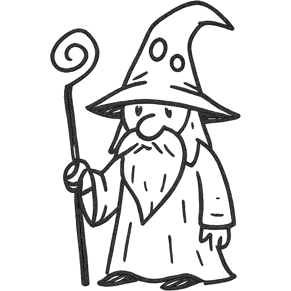 strange wizard with odd hat and staff, hand drawn black outline style emoji