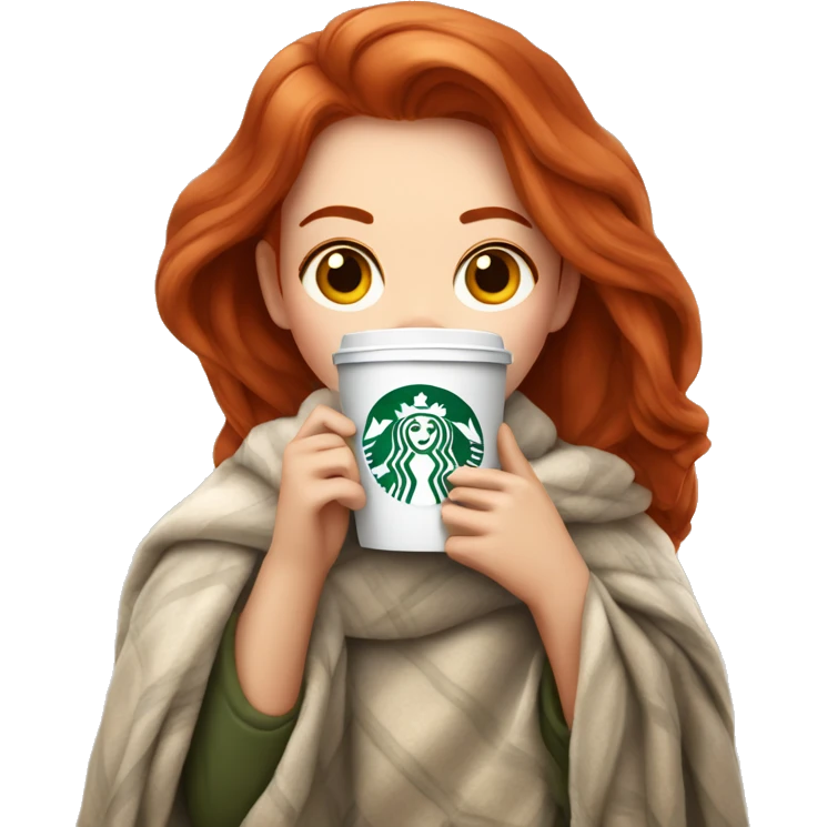 Pretty Redhead girl in cozy blanket drinking Starbucks emoji