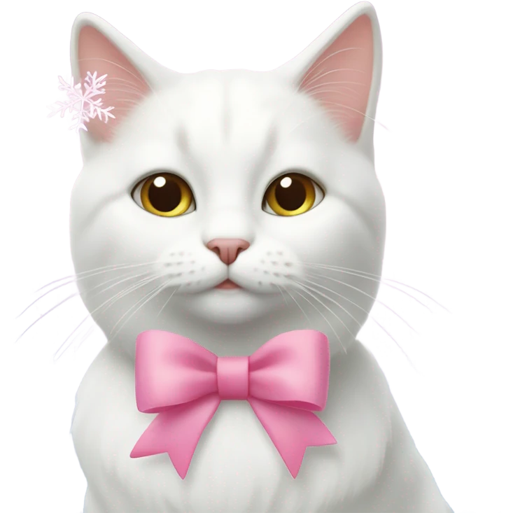 White cat with a pink bow in its hair and snowflakes in the background  emoji