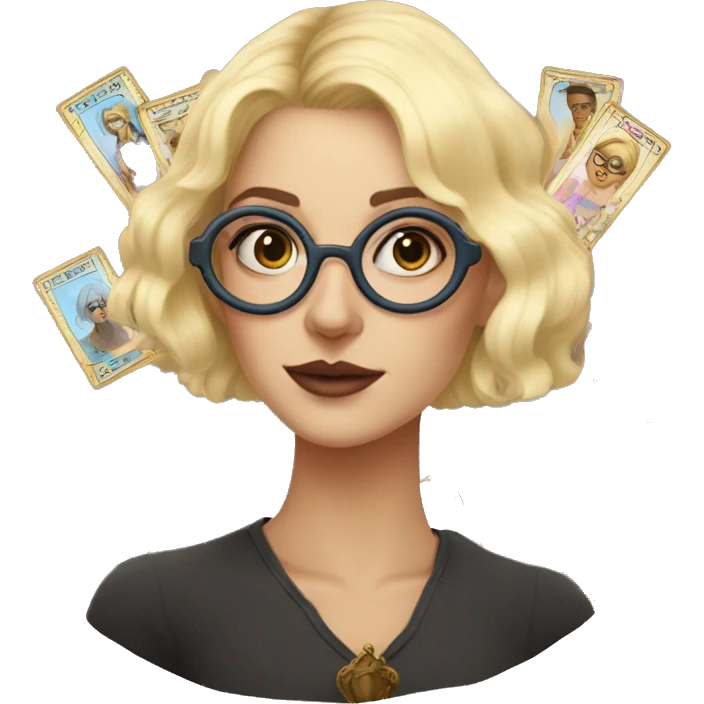 Blonde weird Karen with circular glasses and tarot cards emoji
