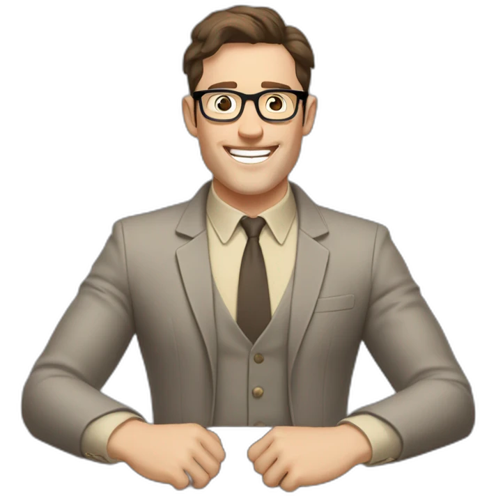 Joyful Celebrating victory Hands up Pale skinned Fit Man With dark brown hair in gray jacket, beige office shirt, Brown pants and vintage glasses sitting In a soft chair emoji