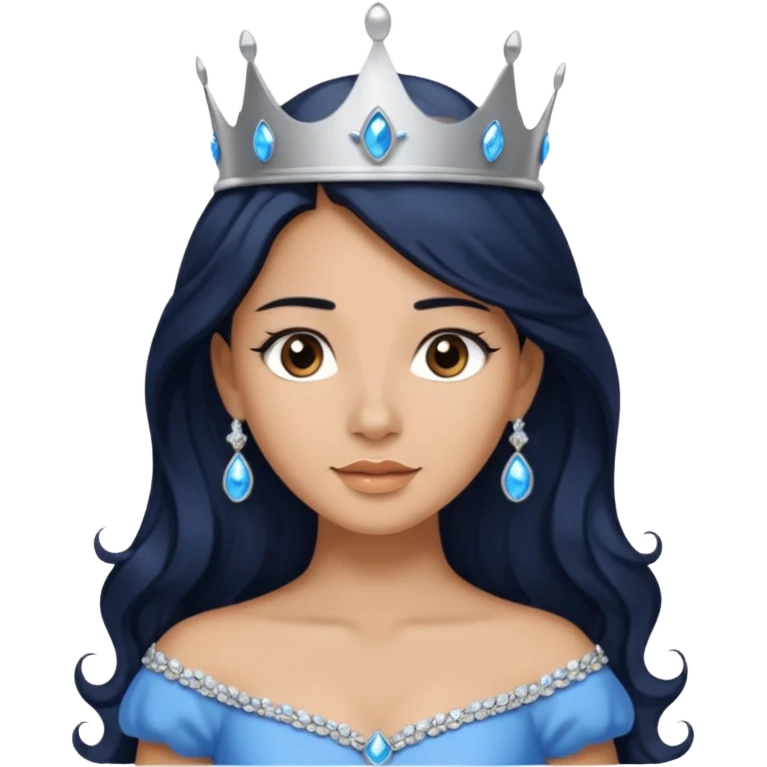 Por favor hazme el emoji de la princesa pero con piel canela con el pelo negro y ondulado y largo, los ojos marrones y la corona plateada con jollas azules emoji