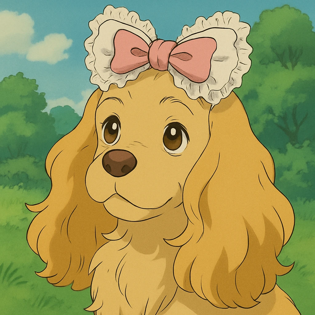 Blonde cocker spaniel with a big frilly white and pink rococo bow on top of its head  emoji