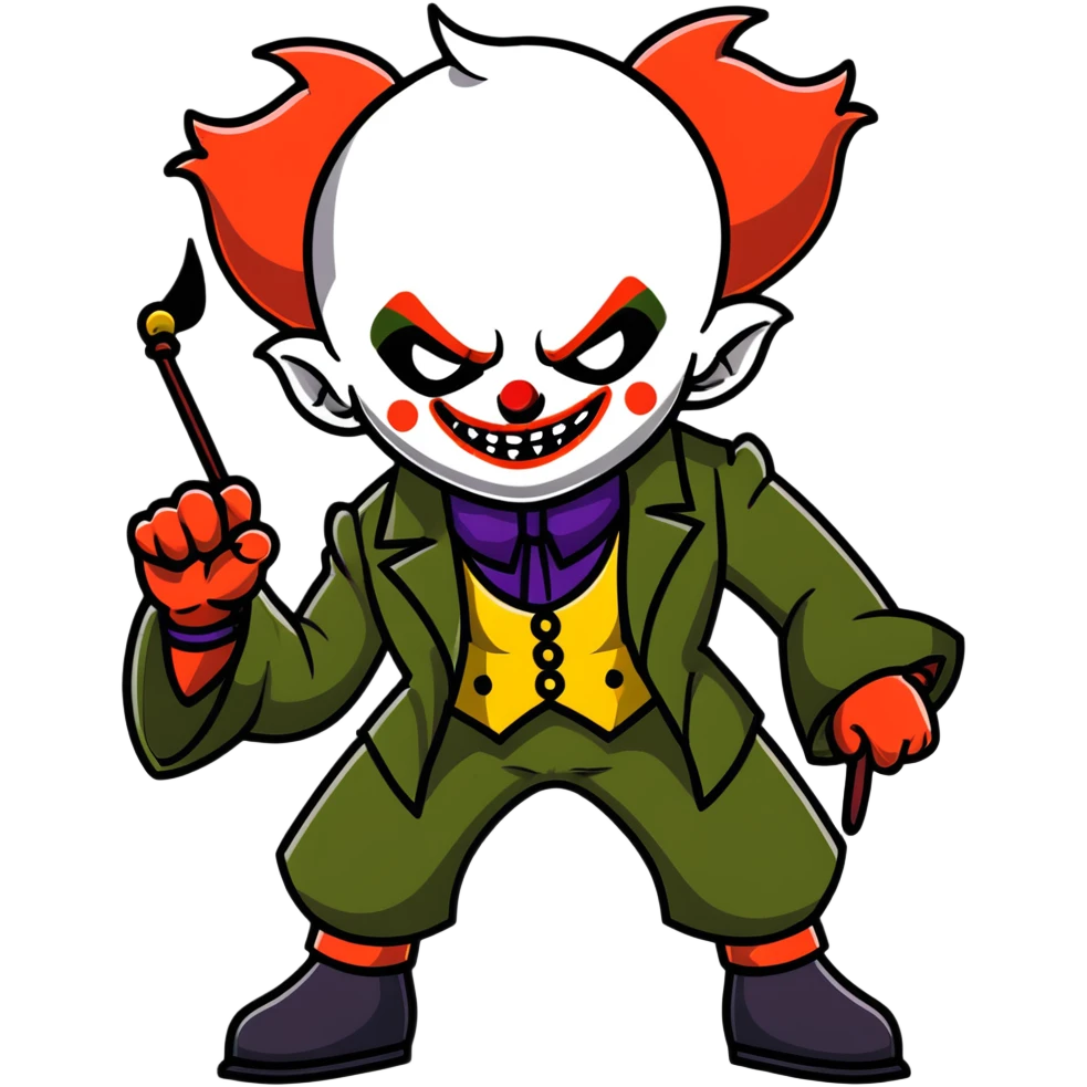 evil clown warrior, bald, small black horns on forehead, fangs, pointed ears, eye patch over one eye, long coat over black and military green leisure suit with bellbottom pants, tail, holding a whip, no knife, realistically proportioned, less bulky, full body visible, battle-ready fighting posture emoji