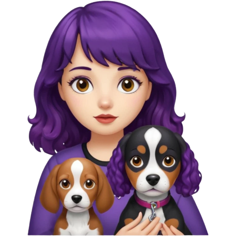 Girl with long black and purple curly hair and blunt bangs holding a beagle emoji