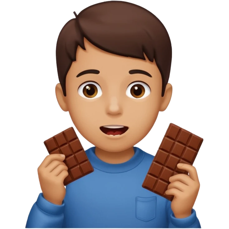 A boy holding a chocolate bar with him chewing on the bite he took emoji