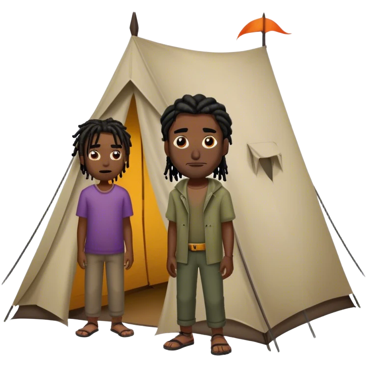 dark skinned black man with short dreads standing next to a tent looking at the tent with an evil smile on his face emoji