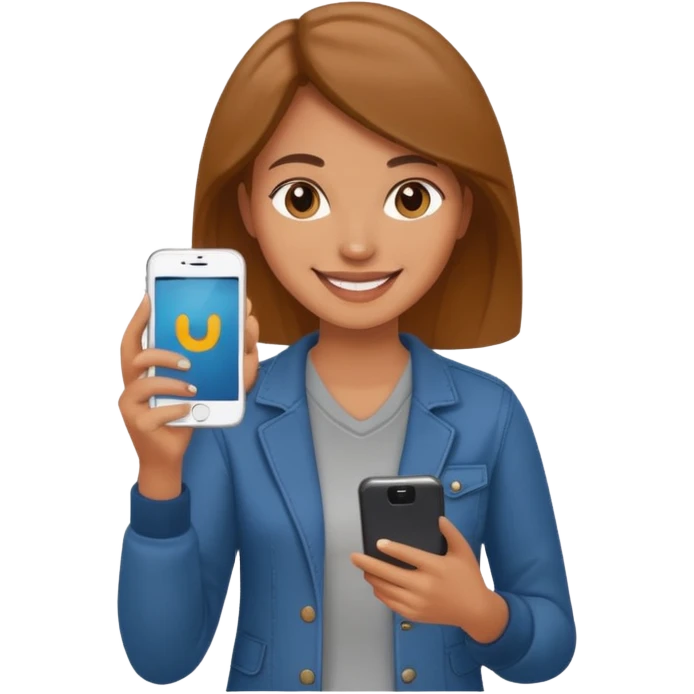 woman casual clothes holding a phone in one hand emoji