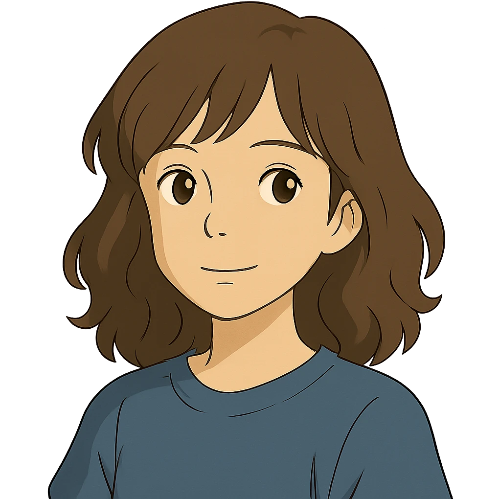 ghibli style portrait of an Asian girl with medium brown wavy hair and brown eyes emoji
