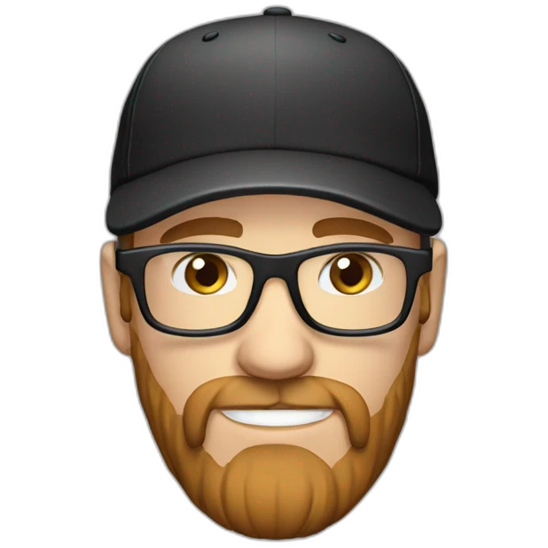 White male wearing headphones, clear glasses, black cap and brown beard emoji
